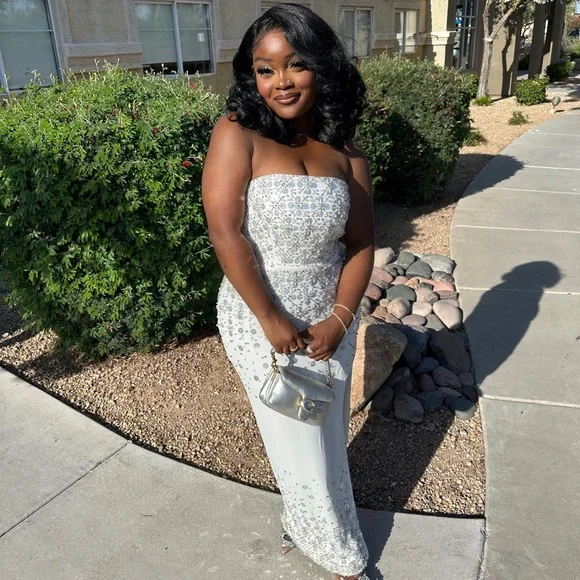 Oh Polly ALCYONE Hand Embellished Bandeau Maxi Dress in Ivory - Picture 5 of 5